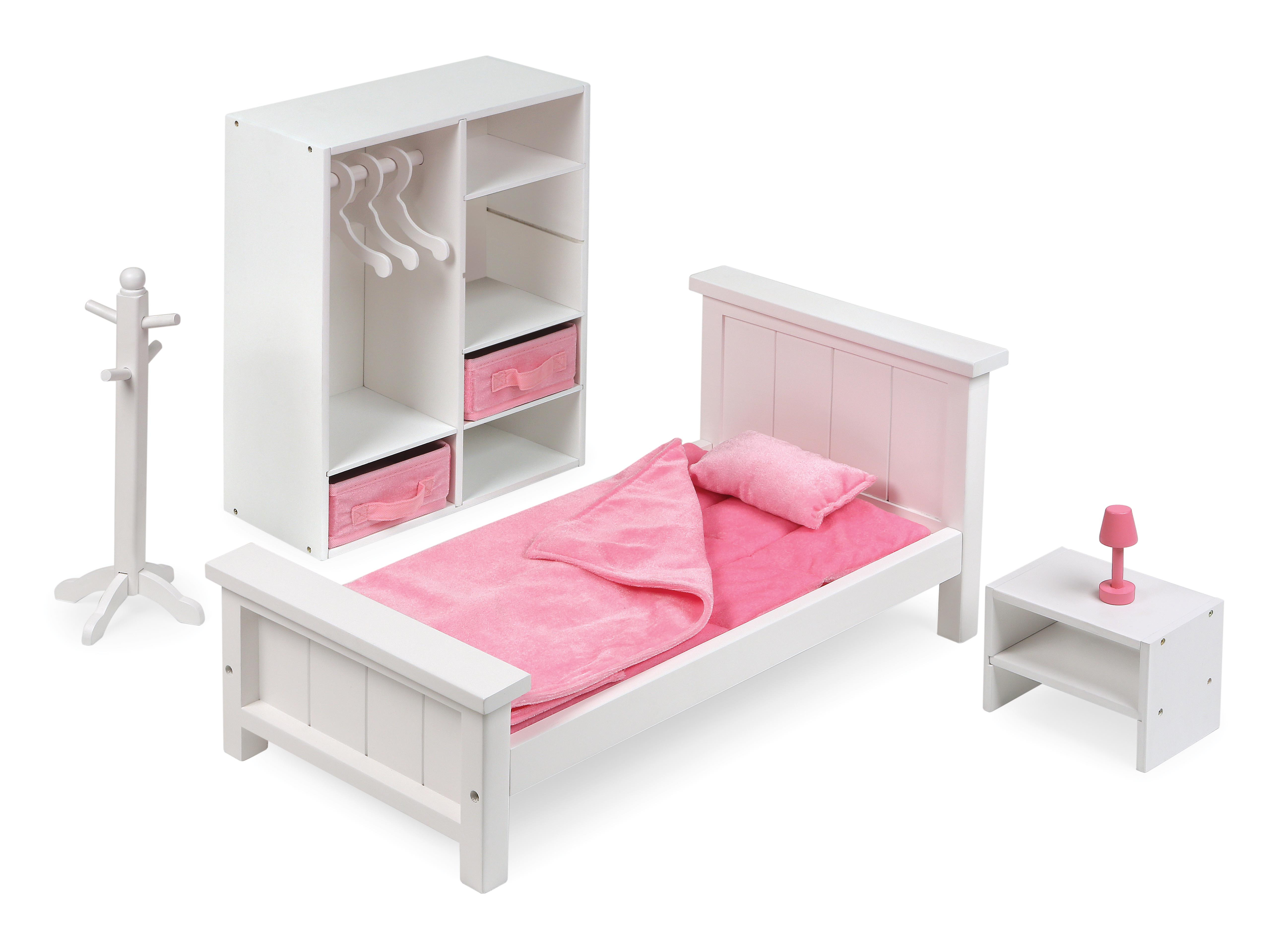 El tejón de la Cesta de Muebles de Dormitorio Conjunto de 18 pulgadas de Muñecas - Blanco/Rosa - se Adapta a la Muchacha Americana, Mi Vida y la Mayoría de 18" Muñecas - -046605120217-0