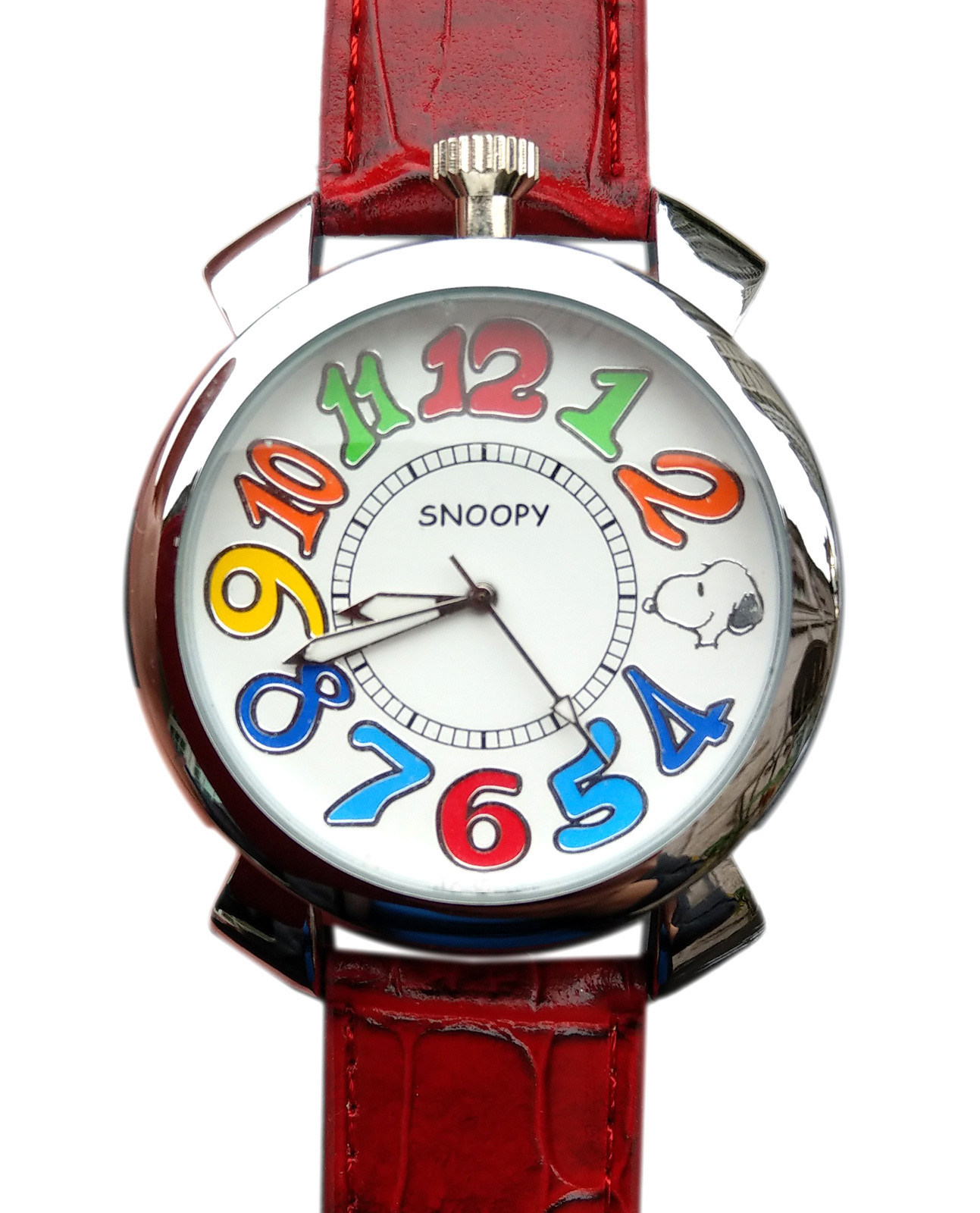 Reloj con banda de piel sintética roja Snoopy con números de esfera coloridos (35 mm) --700387151608-0