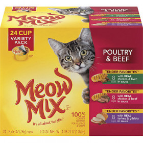 Meow Mix de Comida para gatos Aves de corral Y Carne de res Paquete de la Variedad, de 24 ct