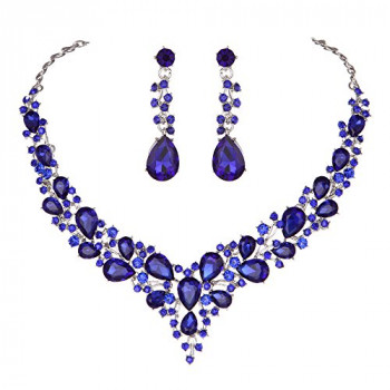 Youfir de Novia de Cristal Austriaco Collar y los Pendientes de la Joyería Conjunto de Dones ajuste con Vestido de Novia (Azul)-711931510390-A-0
